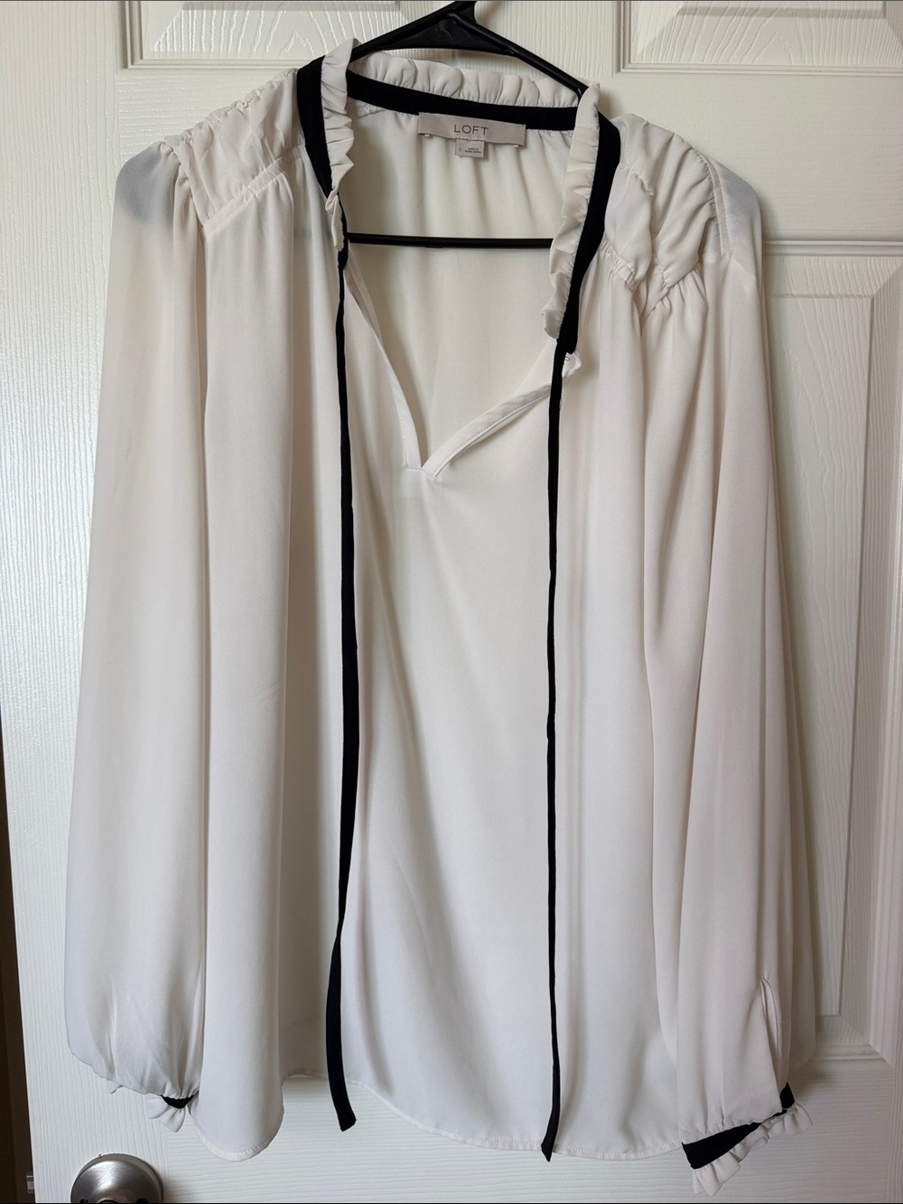 LOFT Cream Blouse with Black Trim and Tie